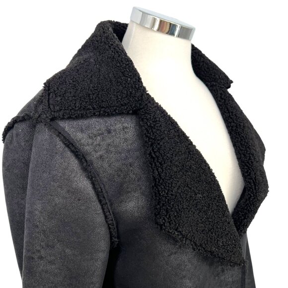 Velvet Faux Suede Sherpa Jacket Notch Collar Black Size Large - Picture 3 of 12
